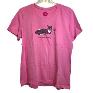 Life is Good Cat Wine Crusher Shirt Purrfect Womens Short Sleeve Sz Large Pink